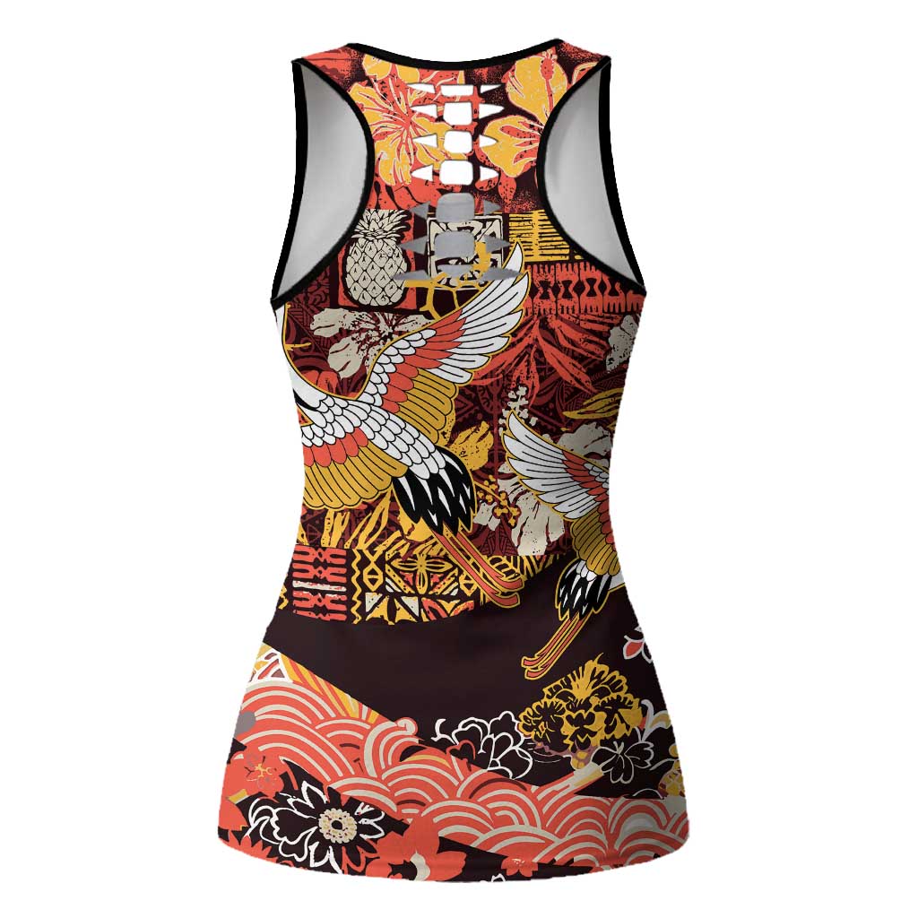 Japanese Hawaiian Crane Hollow Tank Top Yellow Ochre Tapa Patchwork Pattern