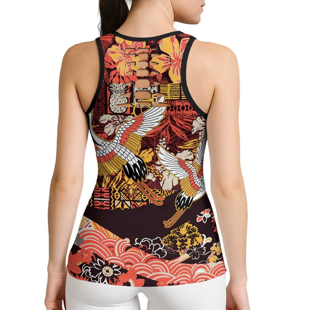 Japanese Hawaiian Crane Hollow Tank Top Yellow Ochre Tapa Patchwork Pattern