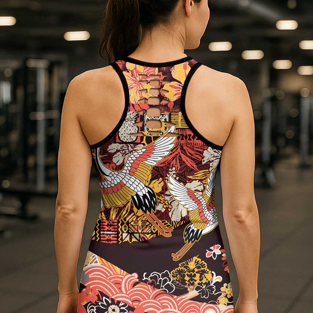 Japanese Hawaiian Crane Hollow Tank Top Yellow Ochre Tapa Patchwork Pattern