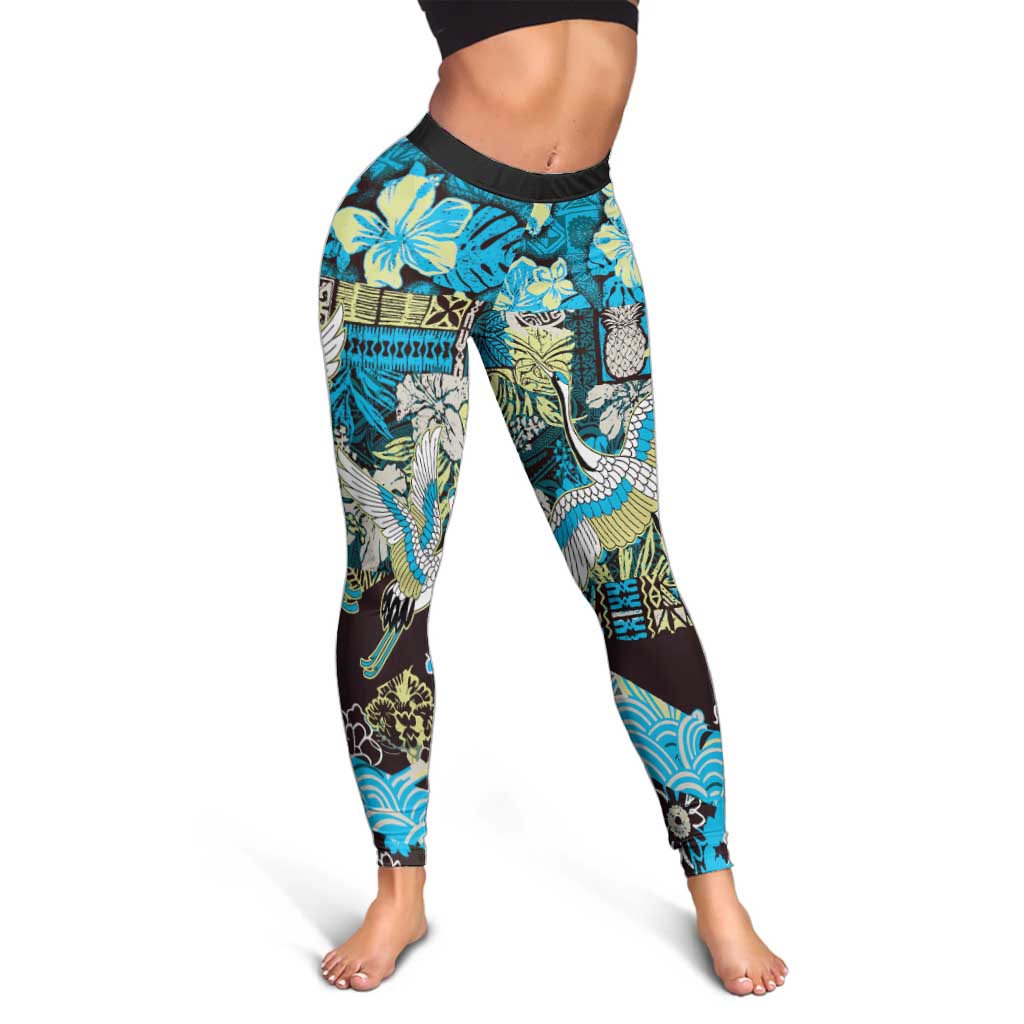 Japanese Hawaiian Crane Leggings Blue Tapa Patchwork Pattern