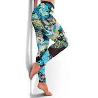 Japanese Hawaiian Crane Leggings Blue Tapa Patchwork Pattern