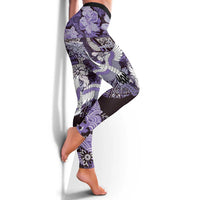 Japanese Hawaiian Crane Leggings Purple Tapa Patchwork Pattern