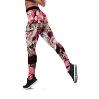 Japanese Hawaiian Crane Leggings Soft Pink Tapa Patchwork Pattern