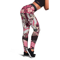 Japanese Hawaiian Crane Leggings Soft Pink Tapa Patchwork Pattern