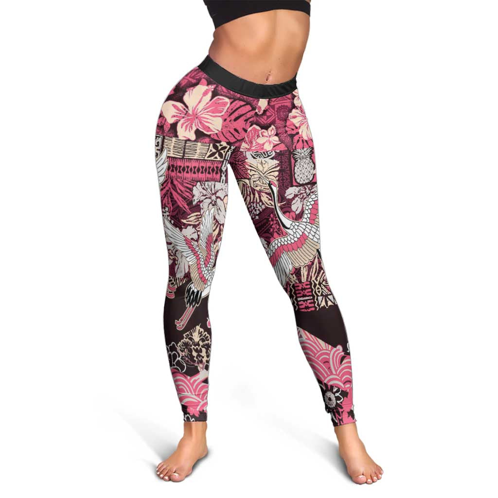 Japanese Hawaiian Crane Leggings Soft Pink Tapa Patchwork Pattern