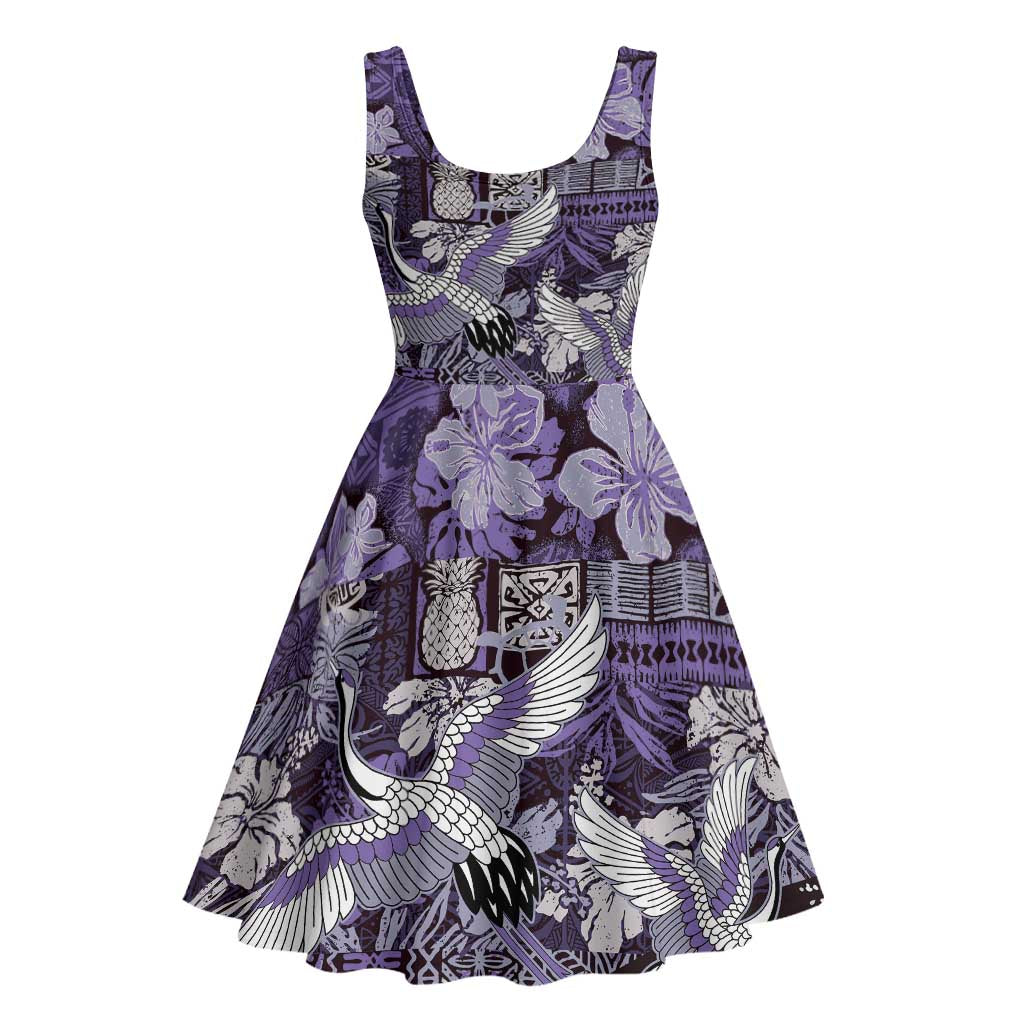 Japanese Hawaiian Crane Midi Dress Purple Tapa Patchwork Pattern