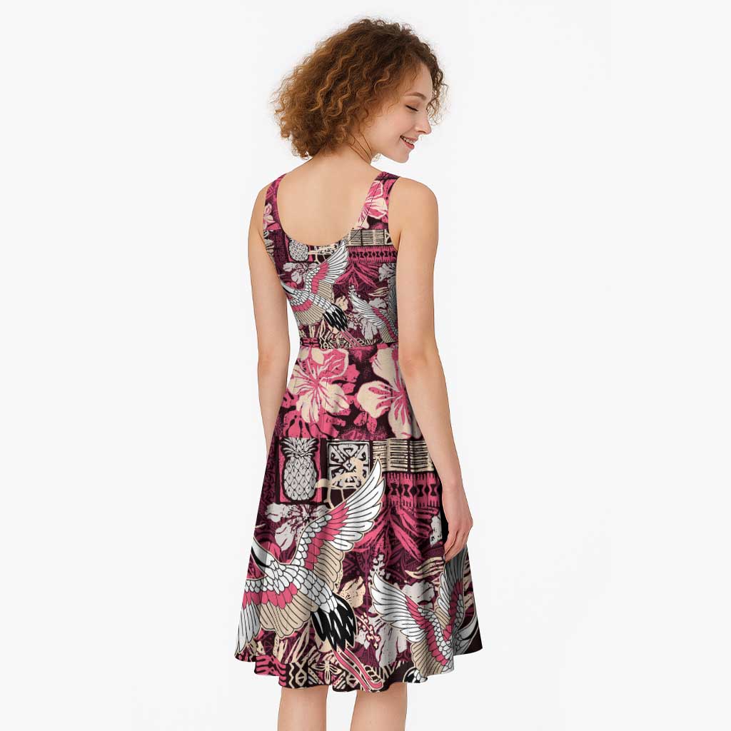Japanese Hawaiian Crane Midi Dress Soft Pink Tapa Patchwork Pattern
