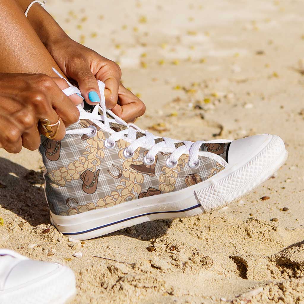 Khaki Palaka Hawaii Cowboy High Top Shoes Puakenikeni Lei Paniolo Papale Seamless Vibes - Polynesian Pride
