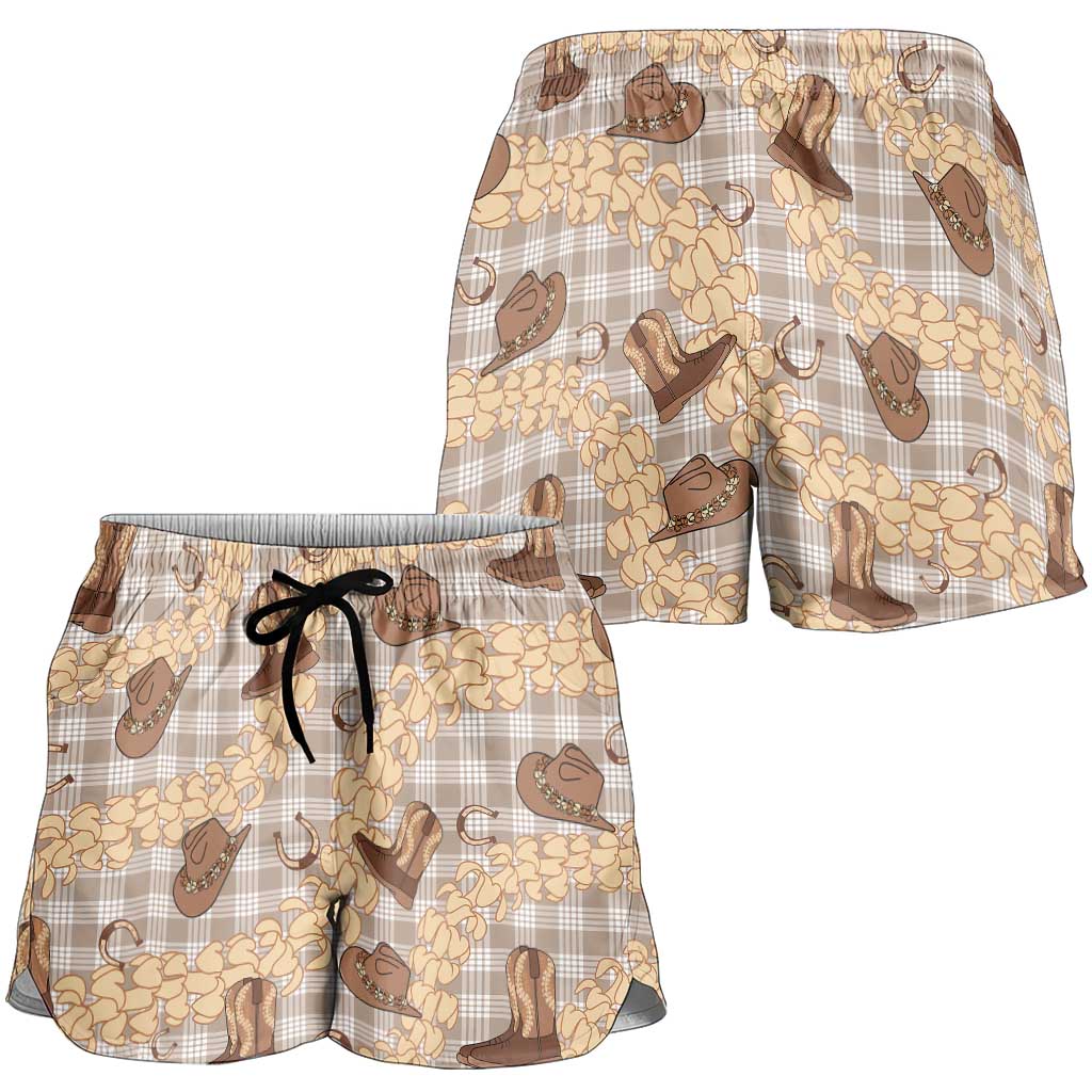Khaki Palaka Hawaii Cowboy Shorts for Women Puakenikeni Lei Paniolo Papale Seamless Vibes LT14 - Polynesian Pride