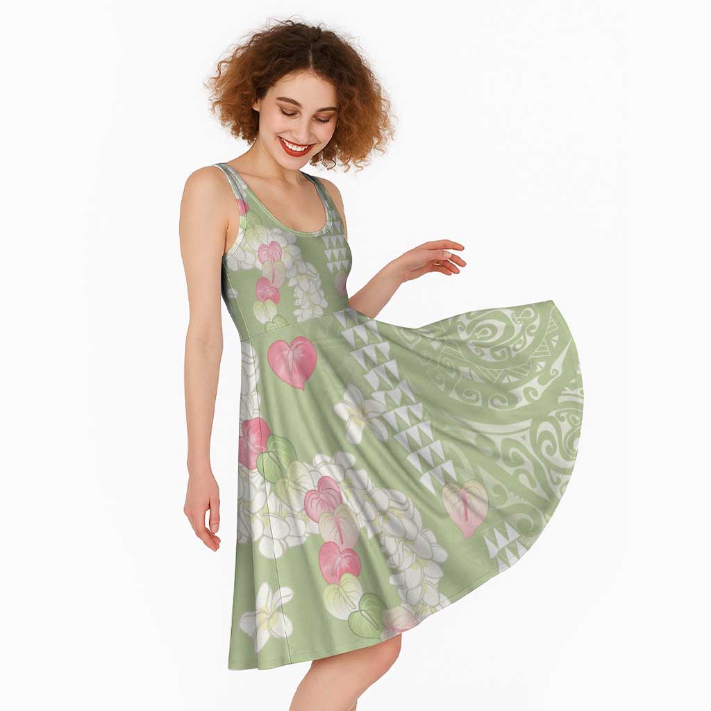 Leaf Green Hawaii Anthurium Plumeria Lei Midi Dress