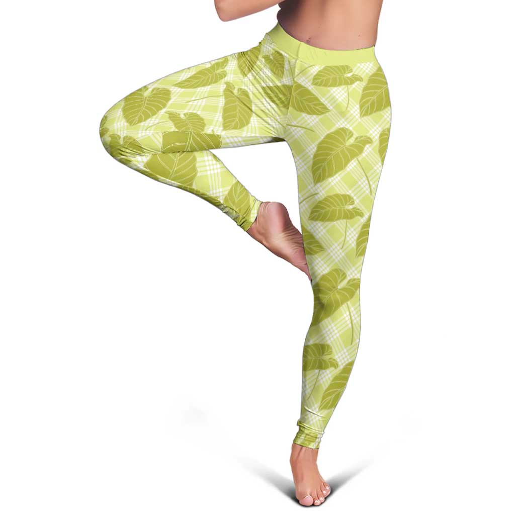 Lime Green Hawaii Kalo Palaka Motifs Leggings Hawaiian Taro Leaves Elegant Vibes