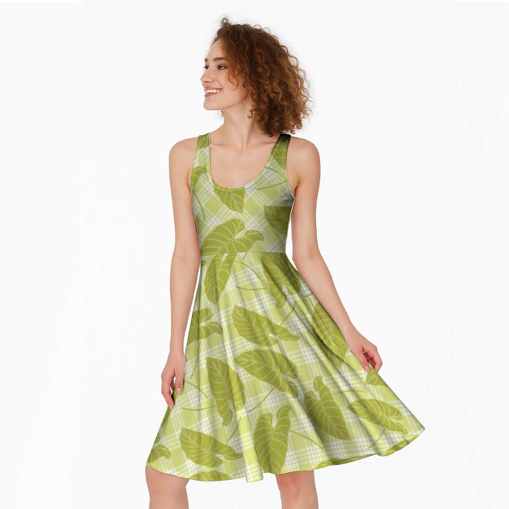 Lime Green Hawaii Kalo Palaka Motifs Midi Dress Hawaiian Taro Leaves Elegant Vibes
