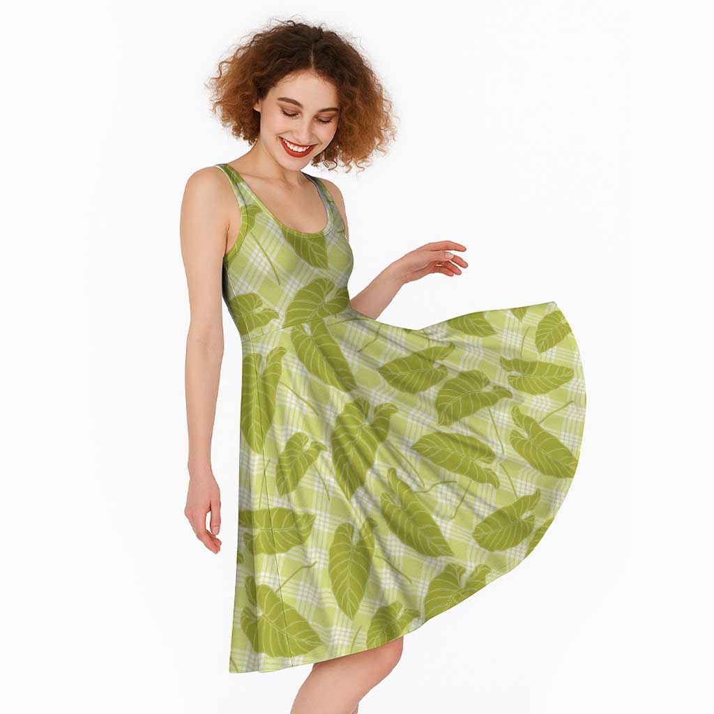 Lime Green Hawaii Kalo Palaka Motifs Midi Dress Hawaiian Taro Leaves Elegant Vibes