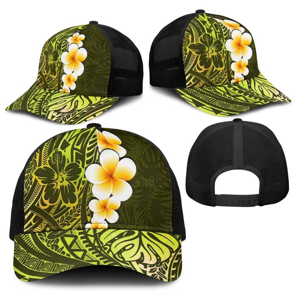 Lime Green Polynesia Baseball Net Cap Plumeria Tropical Leaves With Galaxy Polynesian Art - Polynesian Pride
