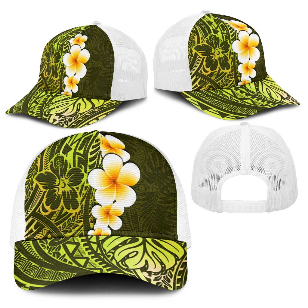 Lime Green Polynesia Baseball Net Cap Plumeria Tropical Leaves With Galaxy Polynesian Art - Polynesian Pride