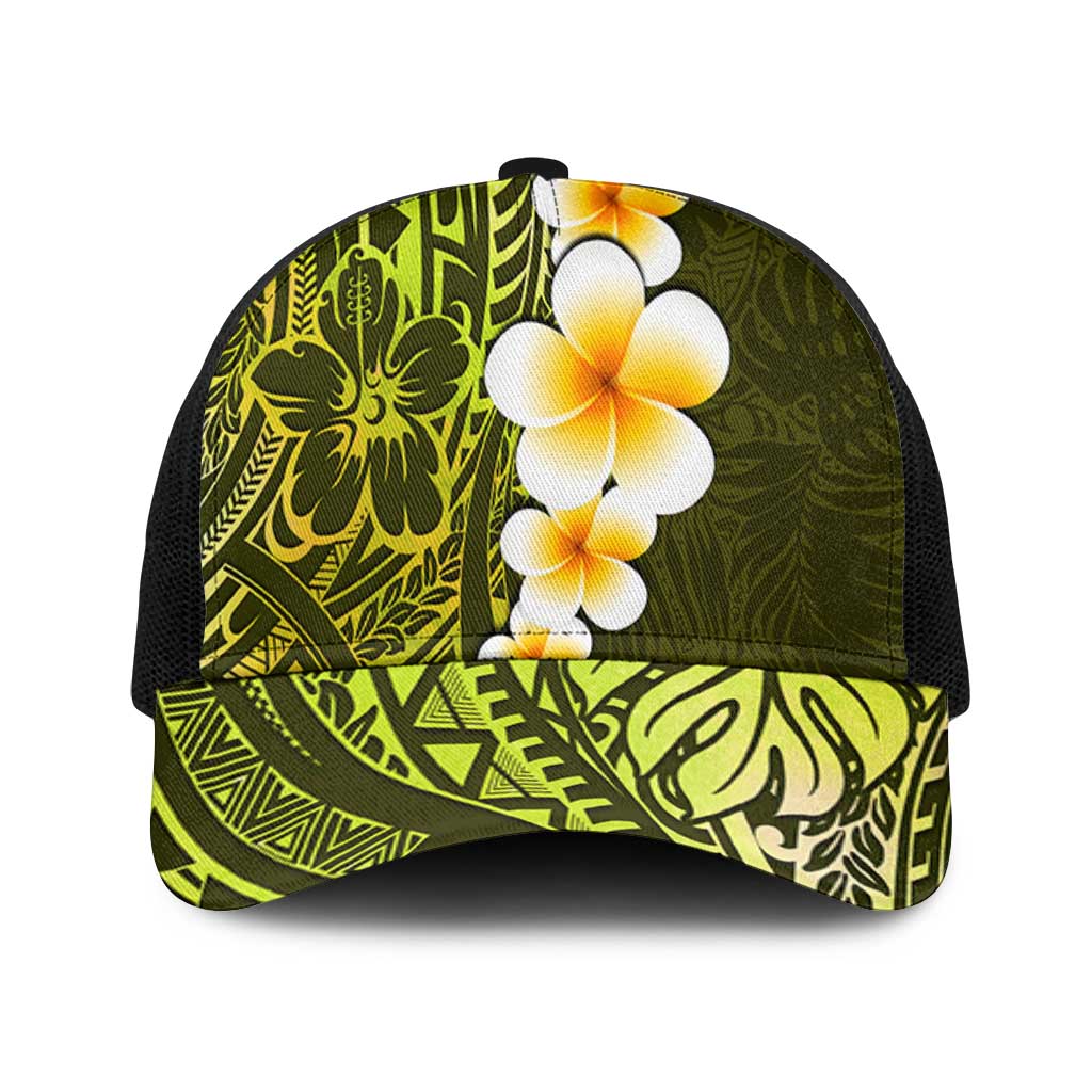 Lime Green Polynesia Mesh Trucker Cap Plumeria Tropical Leaves With Galaxy Polynesian Art - Polynesian Pride