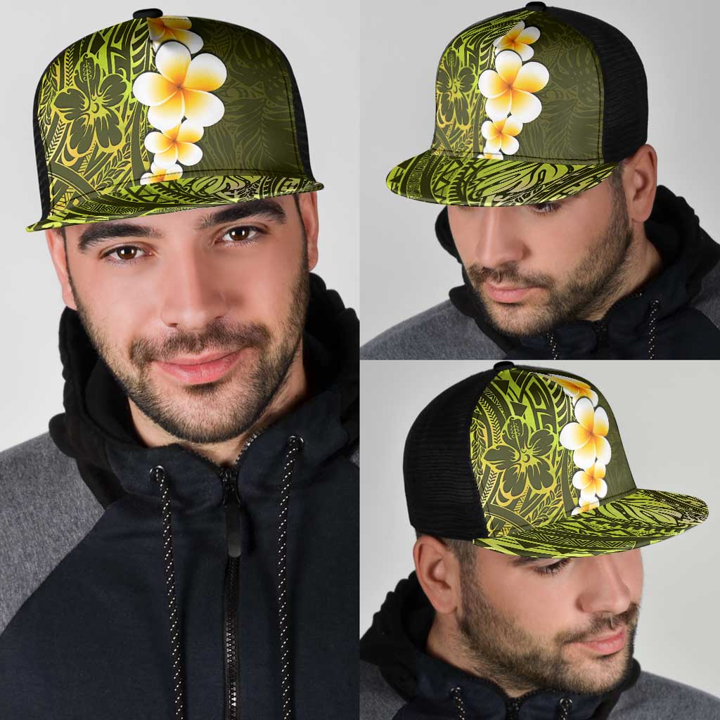 Lime Green Polynesia Mesh Trucker Cap Plumeria Tropical Leaves With Galaxy Polynesian Art - Polynesian Pride