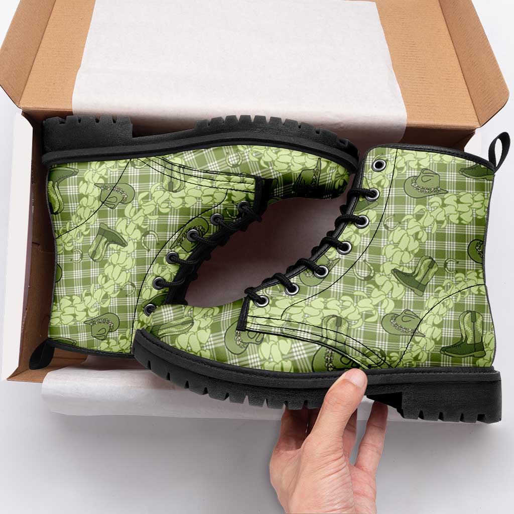 Lime Palaka Hawaii Cowboy Leather Boots Puakenikeni Lei Paniolo Papale Seamless Vibes - Polynesian Pride