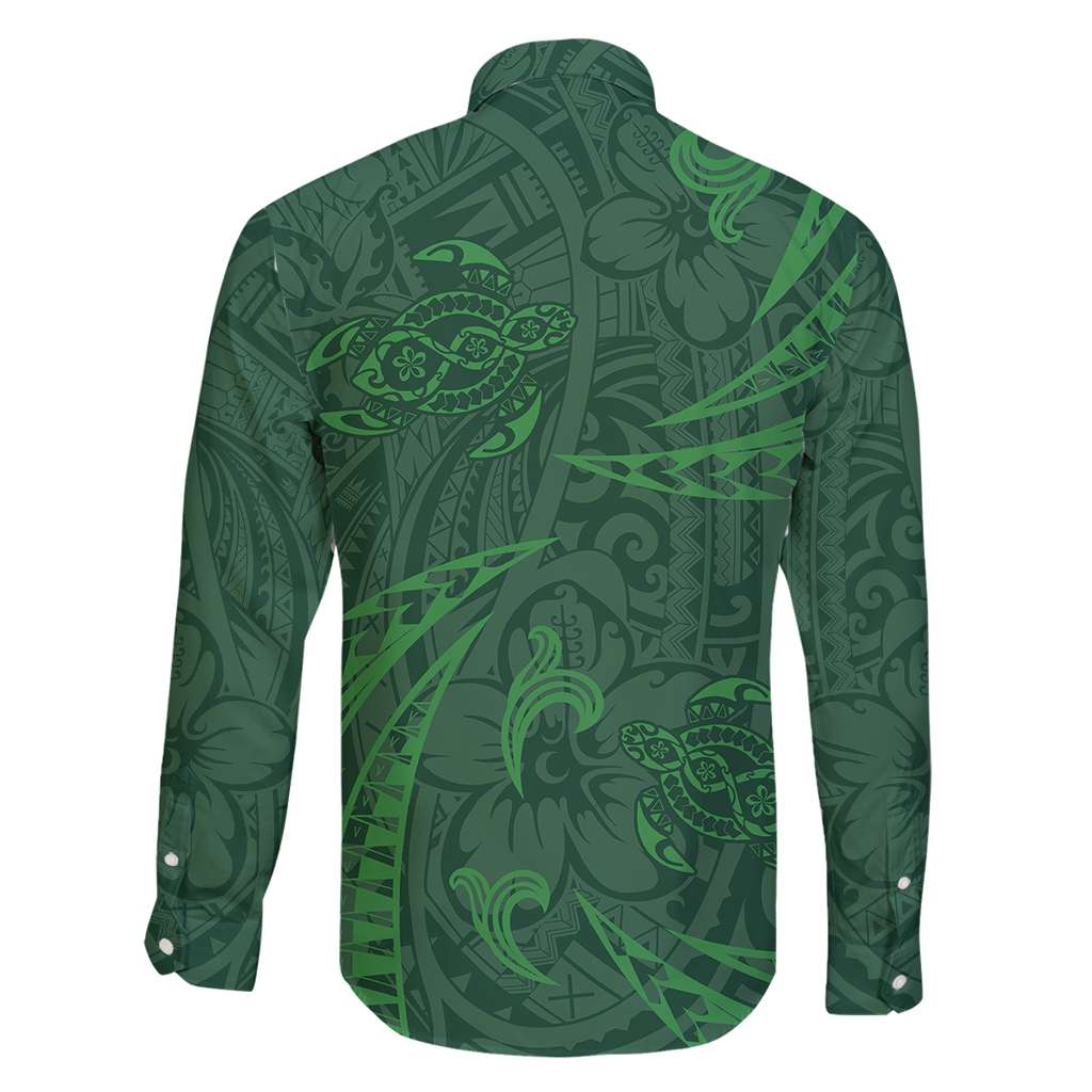 Polynesian Tribal Green Family Matching Off Shoulder Maxi Dress and Hawaiian Shirt Turtle Tattoo LT05