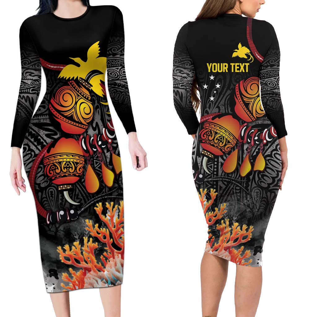 Personalized Papua New Guinea Milne Bay Long Sleeve Bodycon Dress Bagi Necklace Lime Pot Mix Coral LT7