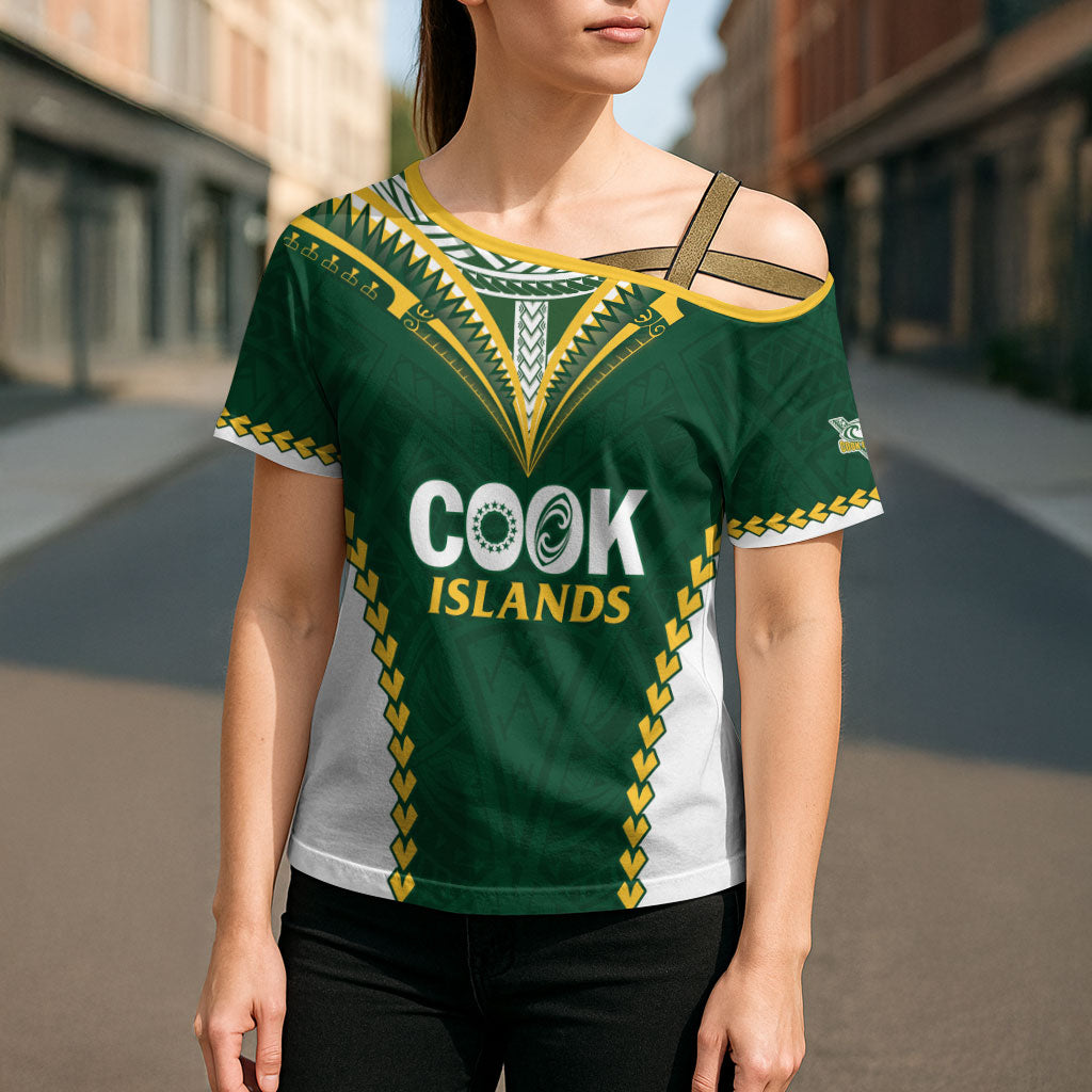 Custom Rugby League Cook Islands Cross Shoulder Shirt Tribal Pattern Green Version LT01 - Polynesian Pride
