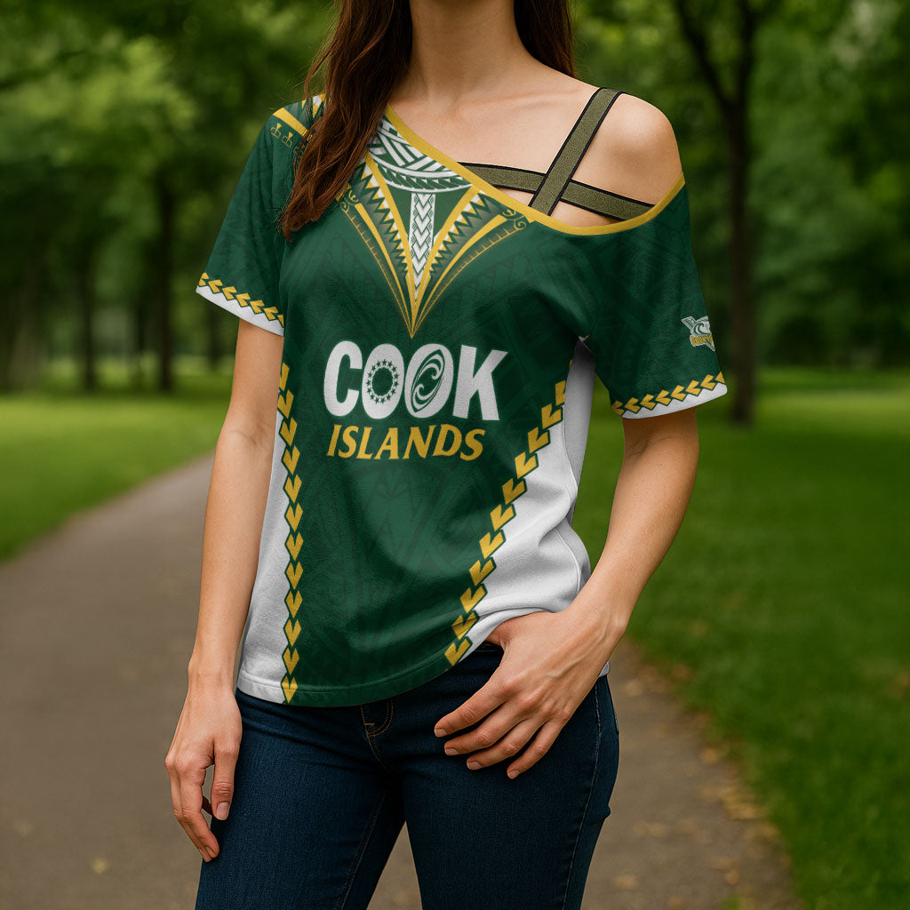 Custom Rugby League Cook Islands Cross Shoulder Shirt Tribal Pattern Green Version LT01 - Polynesian Pride