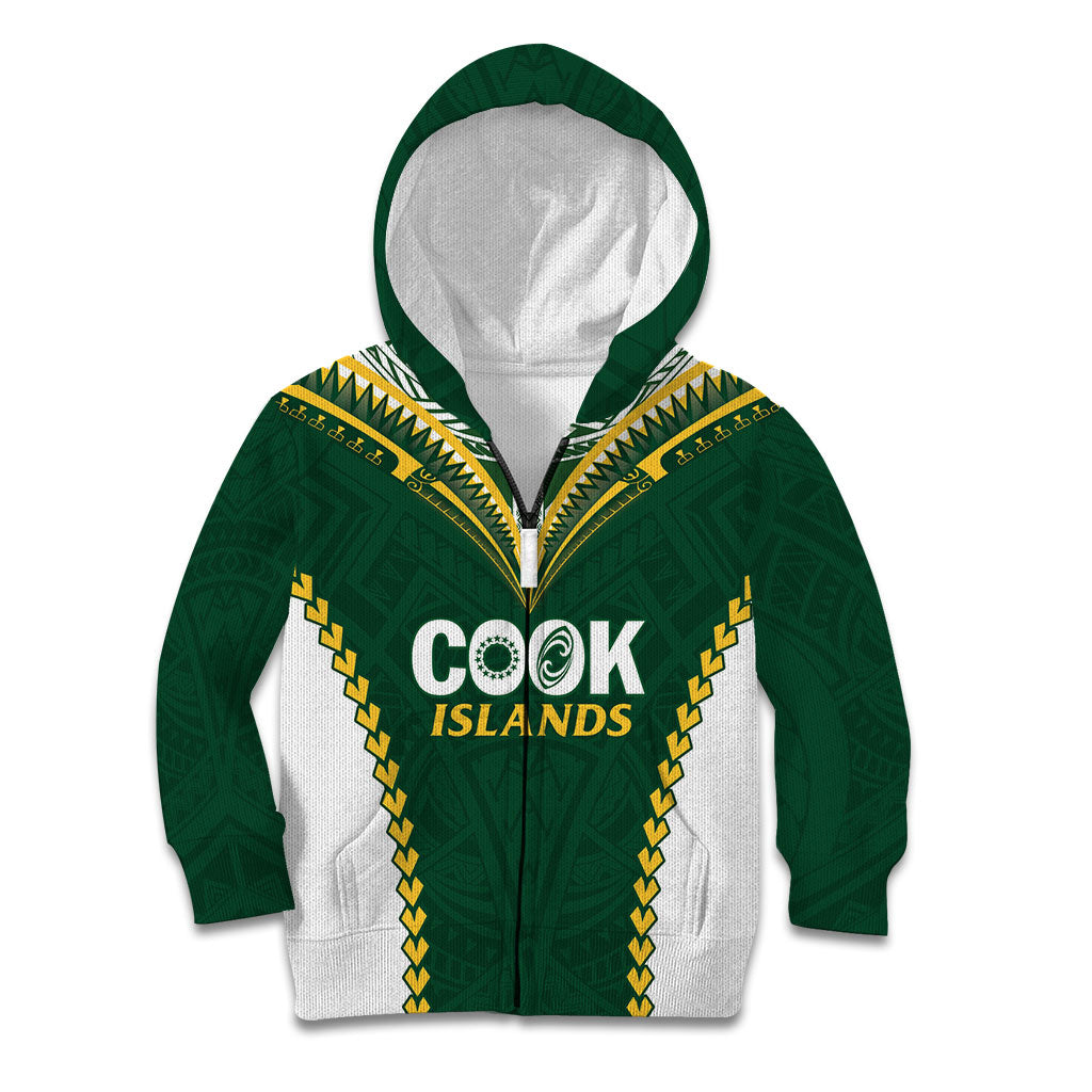 Custom Rugby League Cook Islands Kid Hoodie Tribal Pattern Green Version LT01 Zip Hoodie Green - Polynesian Pride