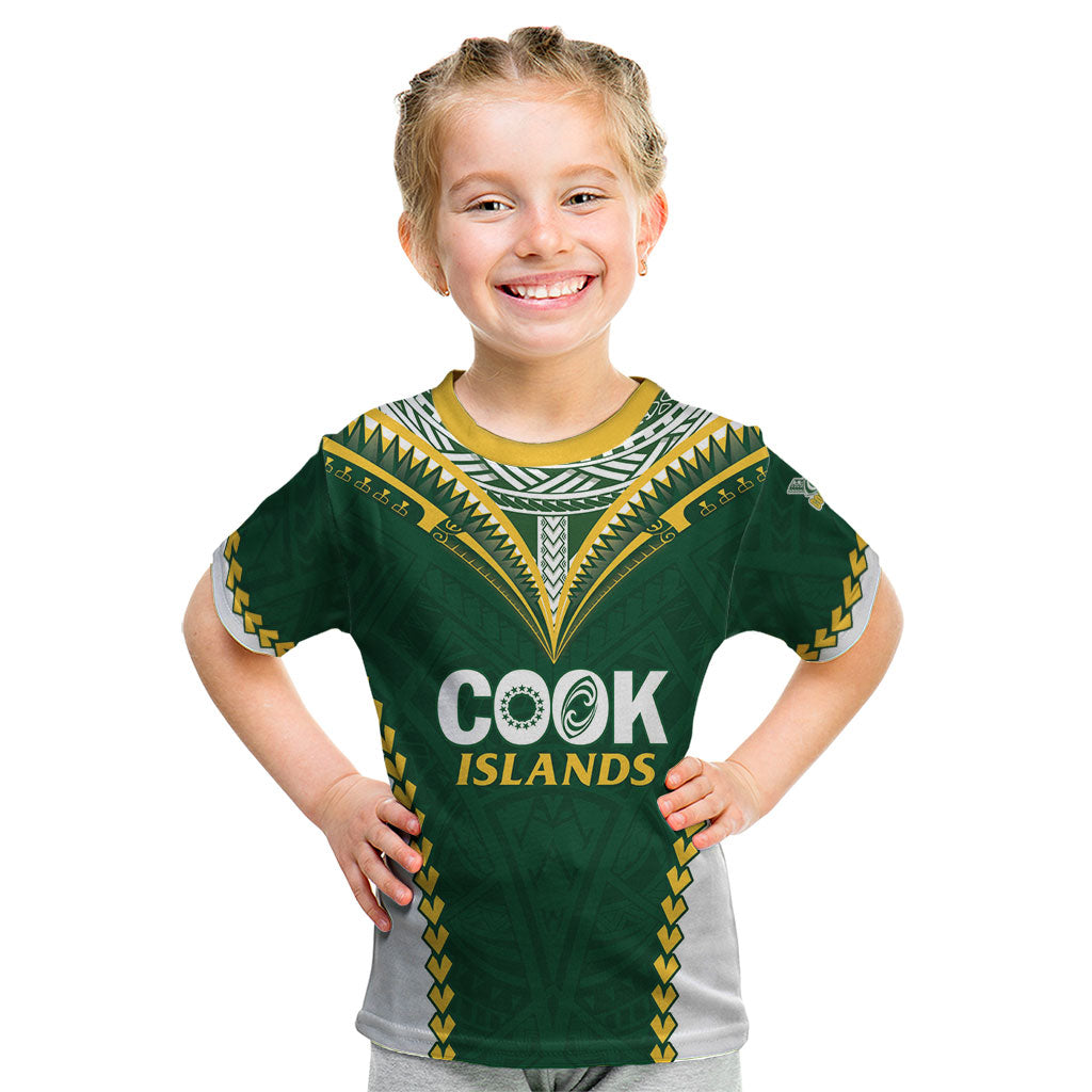 Custom Rugby League Cook Islands Kid T Shirt Tribal Pattern Green Version LT01 Green - Polynesian Pride