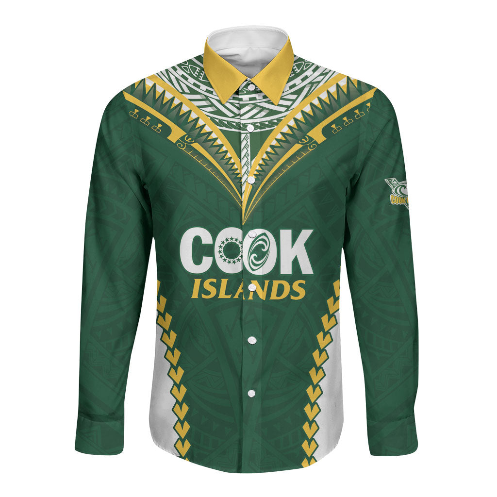 Custom Rugby League Cook Islands Long Sleeve Button Shirt Tribal Pattern Green Version