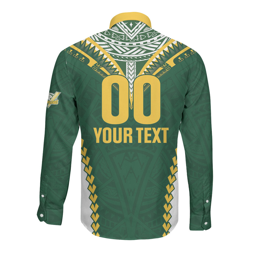 Custom Rugby League Cook Islands Long Sleeve Button Shirt Tribal Pattern Green Version