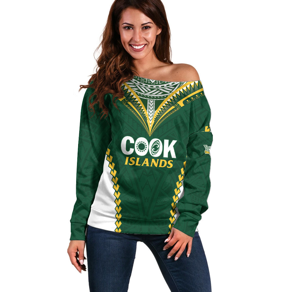 Custom Rugby League Cook Islands Off Shoulder Sweater Tribal Pattern Green Version LT01 Women Green - Polynesian Pride