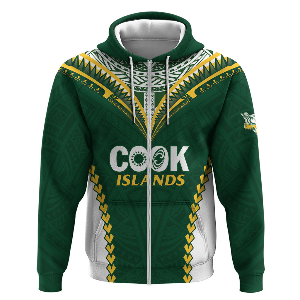 Custom Rugby League Cook Islands Zip Hoodie Tribal Pattern Green Version LT01 Zip Hoodie Green - Polynesian Pride