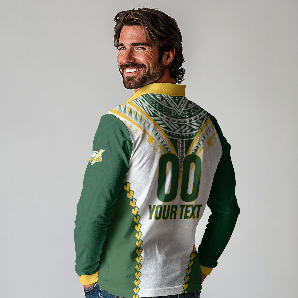 Custom Rugby League Cook Islands Long Sleeve Polo Shirt Tribal Pattern White Version LT01 - Polynesian Pride