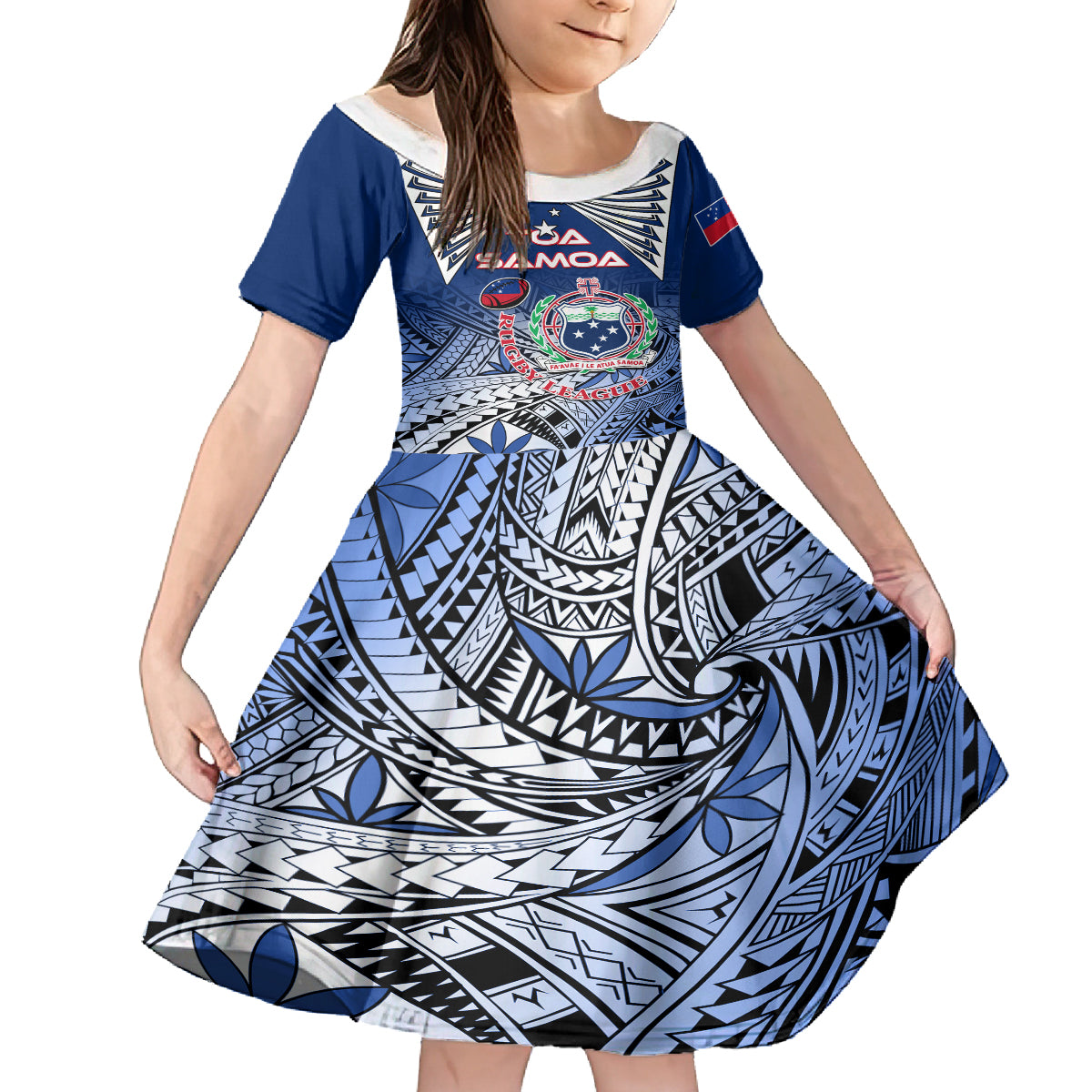 Custom Samoa Rugby Family Matching Long Sleeve Bodycon Dress and Hawaiian Shirt Toa Samoa Myriad Patterns LT01 Daughter's Dress Blue - Polynesian Pride