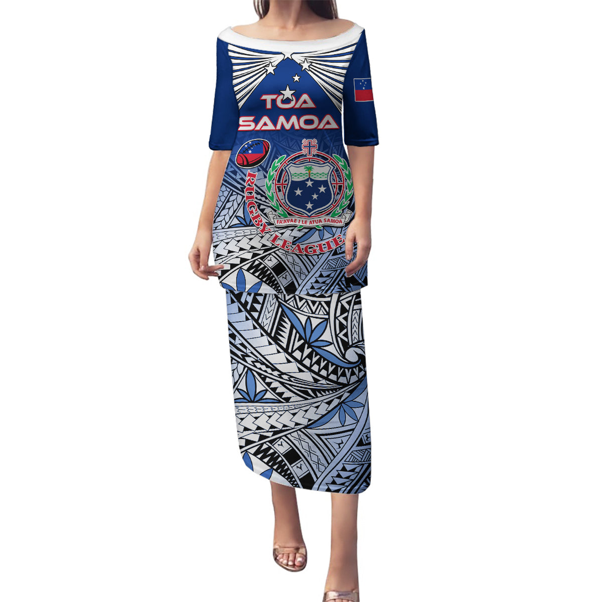 Custom Samoa Rugby Family Matching Puletasi Dress and Hawaiian Shirt Toa Samoa Myriad Patterns LT01 Mom's Dress Blue - Polynesian Pride