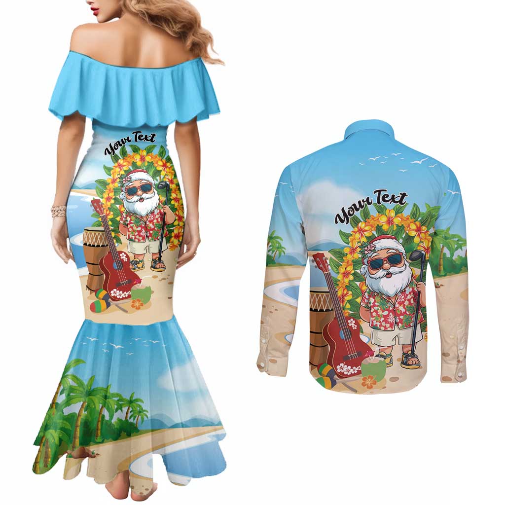 Personalized Hawaii Golf Christmas Couples Matching Mermaid Dress and Long Sleeve Button Shirt Mele Kalikimaka Funny Golfer Santa - Polynesian Pride