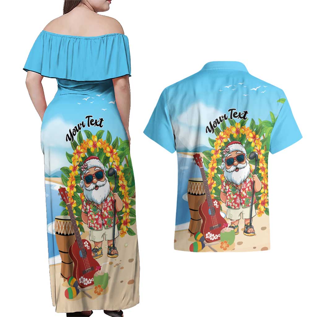 Personalized Hawaii Golf Christmas Couples Matching Off Shoulder Maxi Dress and Hawaiian Shirt Mele Kalikimaka Funny Golfer Santa - Polynesian Pride