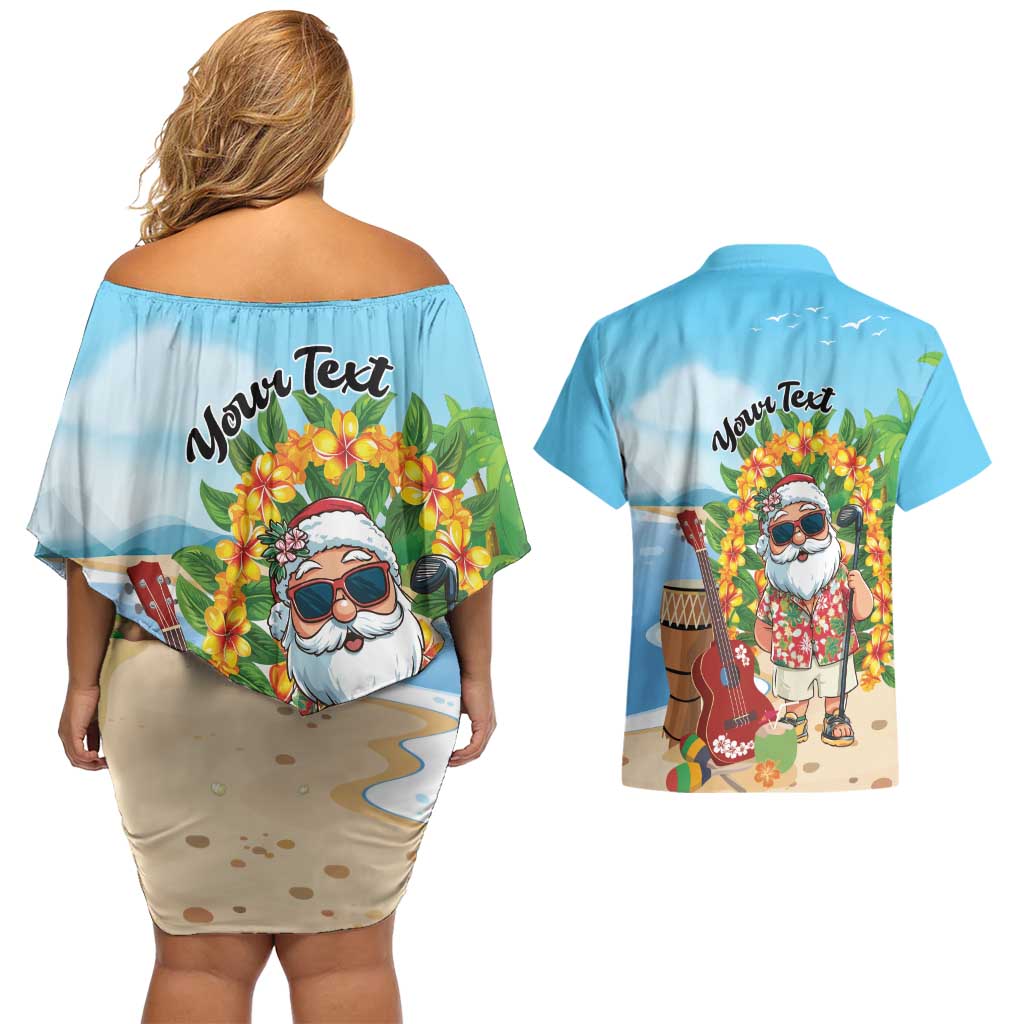 Personalized Hawaii Golf Christmas Couples Matching Off Shoulder Short Dress and Hawaiian Shirt Mele Kalikimaka Funny Golfer Santa - Polynesian Pride
