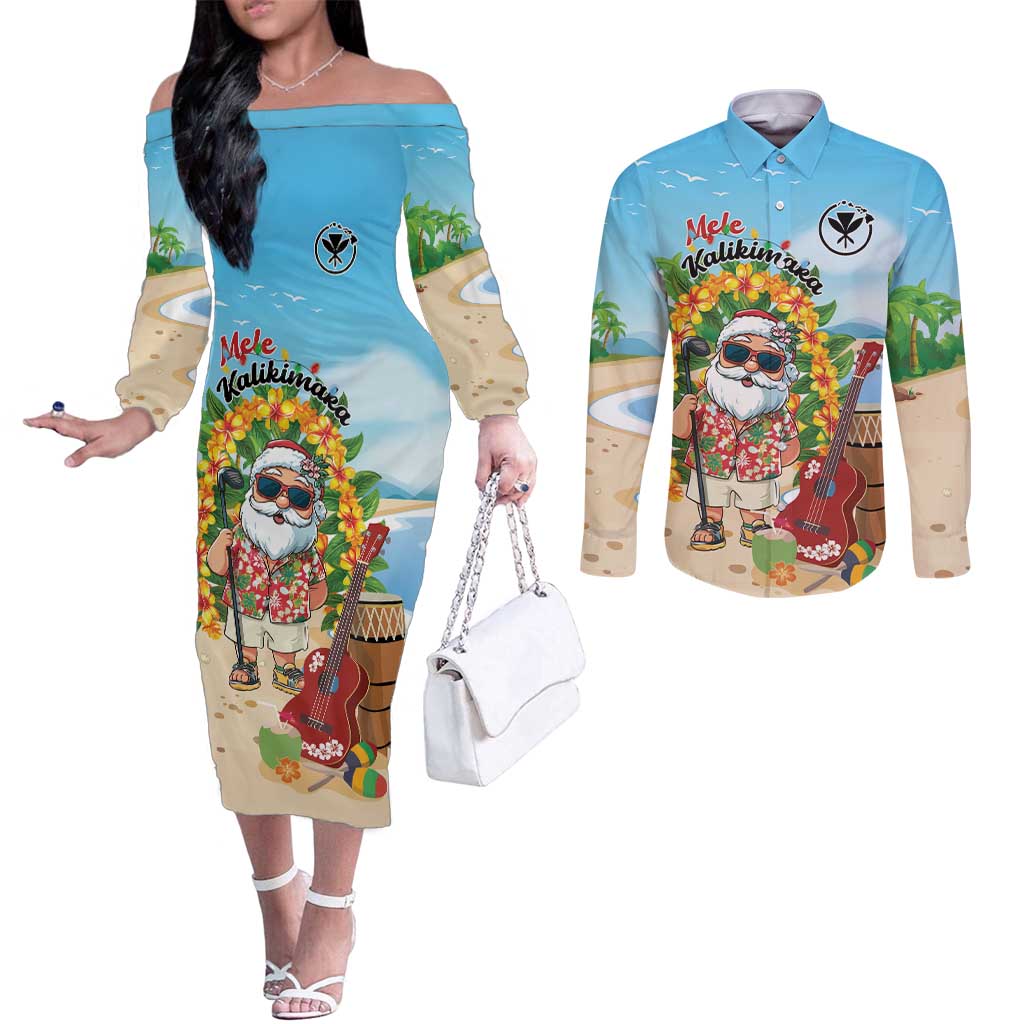 Personalized Hawaii Golf Christmas Couples Matching Off The Shoulder Long Sleeve Dress and Long Sleeve Button Shirt Mele Kalikimaka Funny Golfer Santa - Polynesian Pride