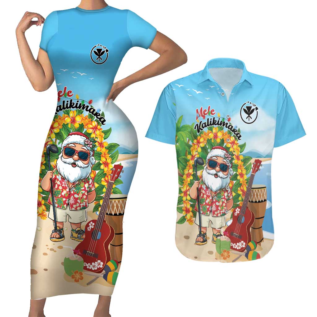 Personalized Hawaii Golf Christmas Couples Matching Short Sleeve Bodycon Dress and Hawaiian Shirt Mele Kalikimaka Funny Golfer Santa LT01 Blue - Polynesian Pride
