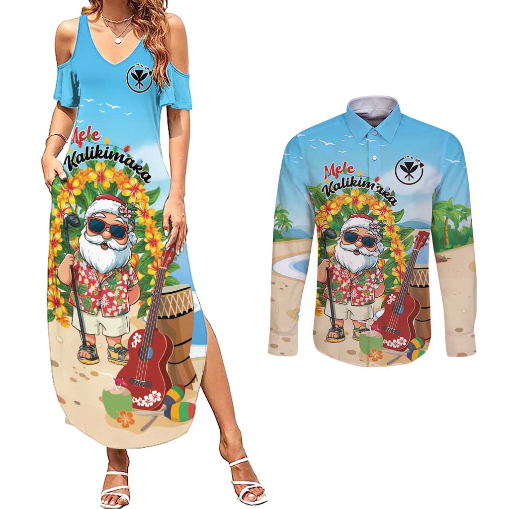 Personalized Hawaii Golf Christmas Couples Matching Summer Maxi Dress and Long Sleeve Button Shirt Mele Kalikimaka Funny Golfer Santa - Polynesian Pride