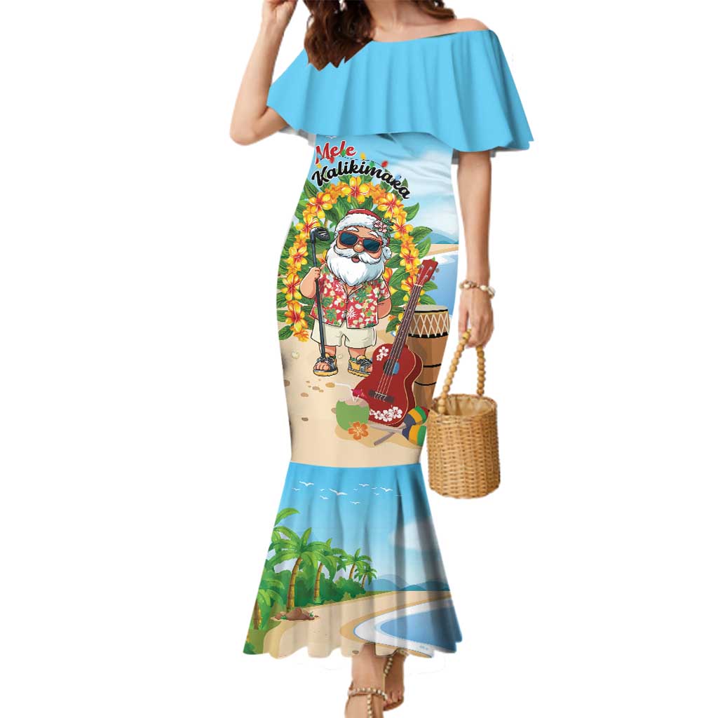 Personalized Hawaii Golf Christmas Family Matching Mermaid Dress and Hawaiian Shirt Mele Kalikimaka Funny Golfer Santa LT01 Mom's Dress Blue - Polynesian Pride