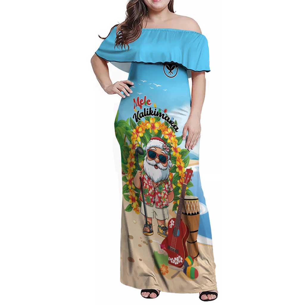 Personalized Hawaii Golf Christmas Family Matching Off Shoulder Maxi Dress and Hawaiian Shirt Mele Kalikimaka Funny Golfer Santa LT01 Mom's Dress Blue - Polynesian Pride