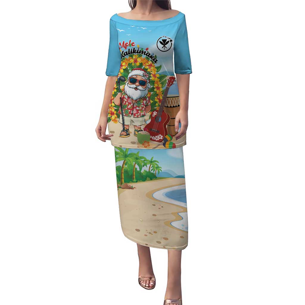 Personalized Hawaii Golf Christmas Family Matching Puletasi and Hawaiian Shirt Mele Kalikimaka Funny Golfer Santa LT01 Mom's Dress Blue - Polynesian Pride