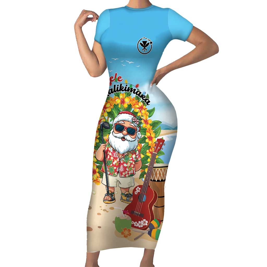 Personalized Hawaii Golf Christmas Short Sleeve Bodycon Dress Mele Kalikimaka Funny Golfer Santa - Polynesian Pride