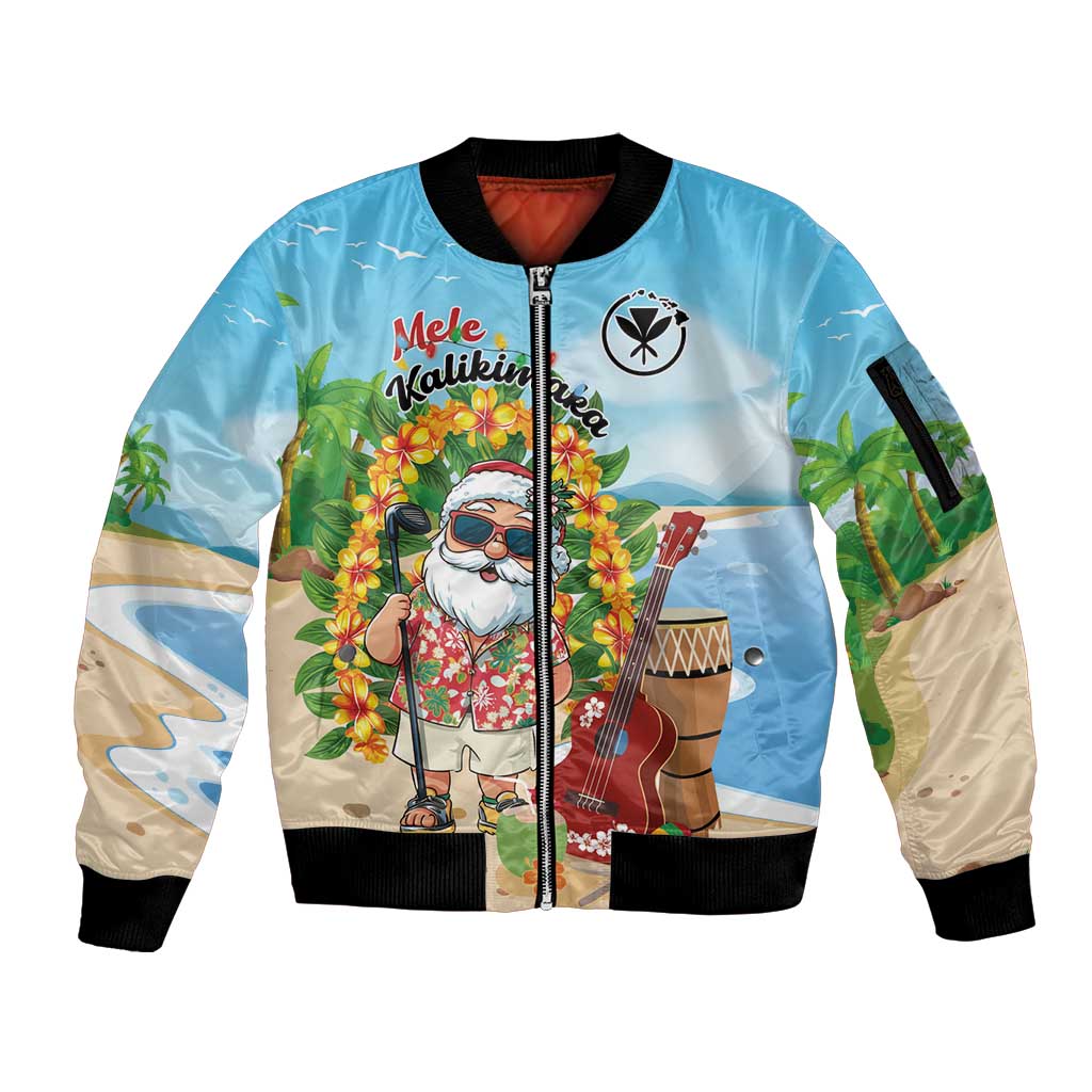 Personalized Hawaii Golf Christmas Sleeve Zip Bomber Jacket Mele Kalikimaka Funny Golfer Santa - Polynesian Pride