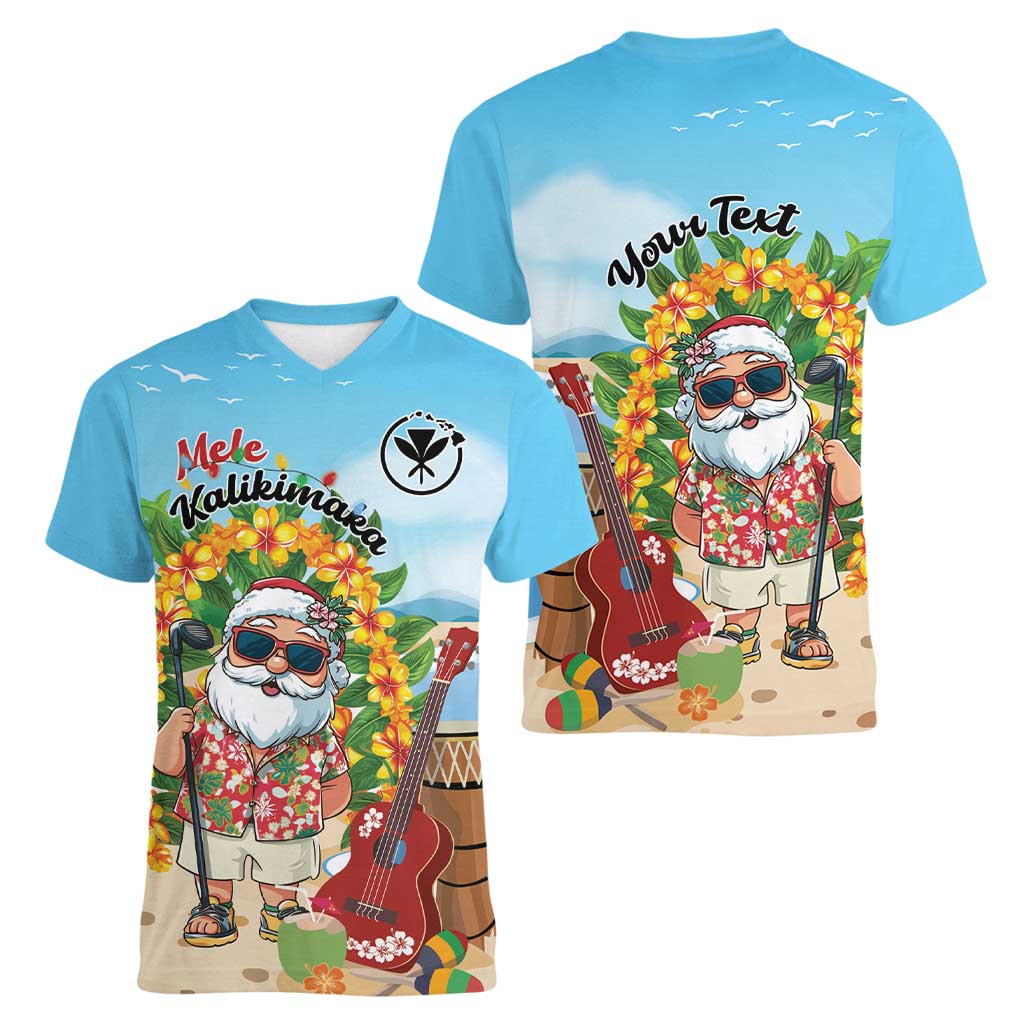 Personalized Hawaii Golf Christmas Women V-Neck T-Shirt Mele Kalikimaka Funny Golfer Santa - Polynesian Pride