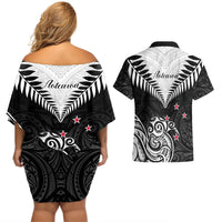 New Zealand Couples Matching Off Shoulder Short Dress and Hawaiian Shirt Aotearoa Maori Kiwi Black Fern LT01 - Polynesian Pride