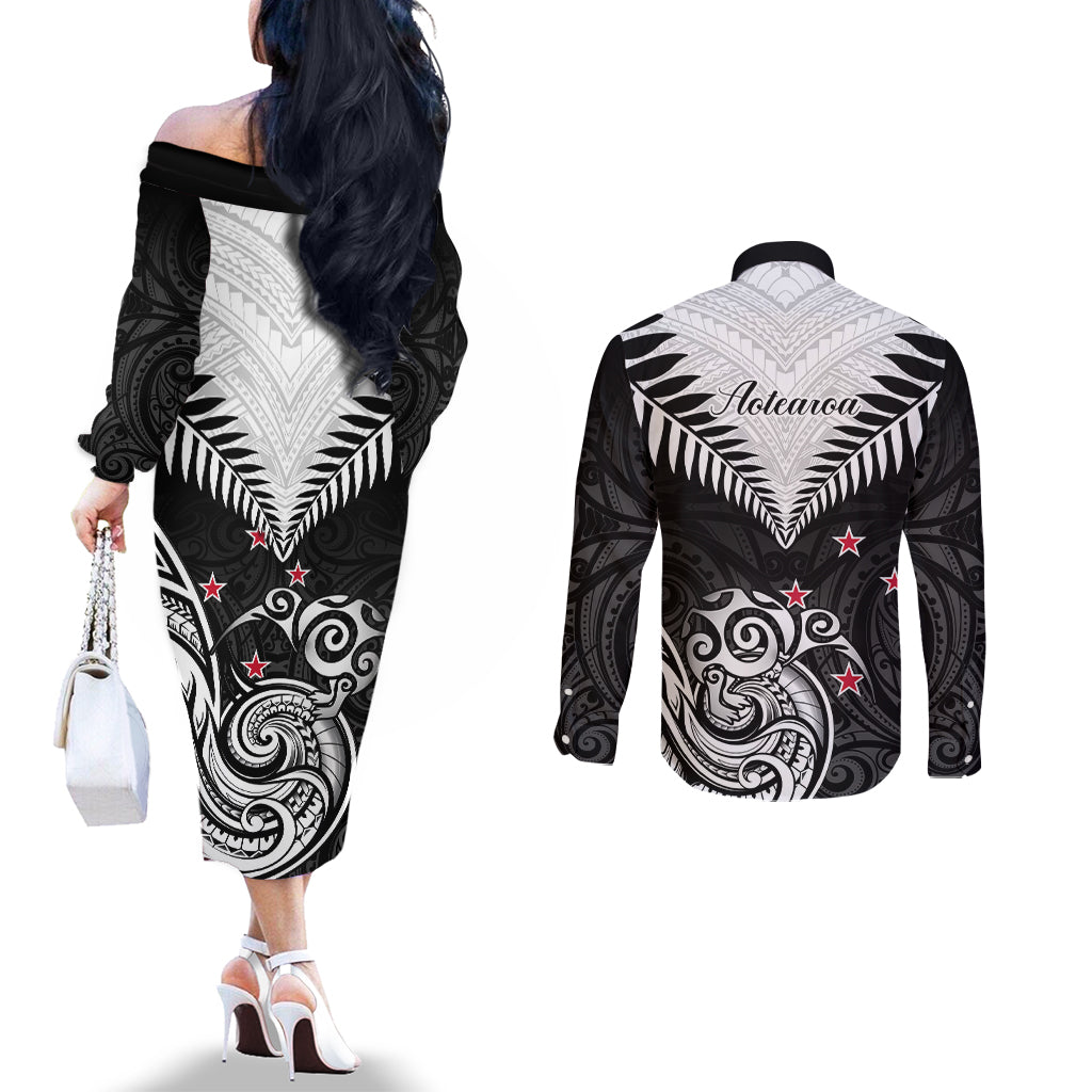 New Zealand Couples Matching Off The Shoulder Long Sleeve Dress and Long Sleeve Button Shirts Aotearoa Maori Kiwi Black Fern LT01 - Polynesian Pride