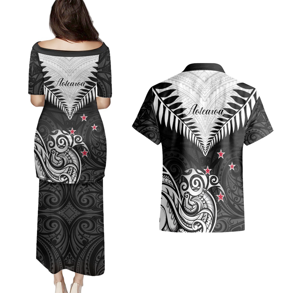 New Zealand Couples Matching Puletasi Dress and Hawaiian Shirt Aotearoa Maori Kiwi Black Fern LT01 - Polynesian Pride